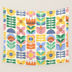 Retro Folk and Floral Colorful Pastel Flower Grid Cream Wall Tapestry Gallery Image 4