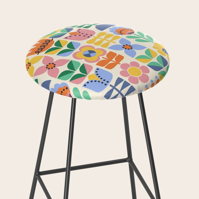 Retro Folk and Floral Colorful Pastel Flower Grid Cream Stool Gallery Image 2
