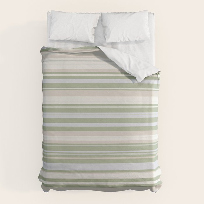 Sage Stripes - Striped Pattern in Sage Green, Almond Beige, Pale Gray, and Cream Duvet Cover Gallery Image 6