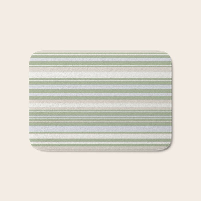 Sage Stripes - Striped Pattern in Sage Green, Almond Beige, Pale Gray, and Cream Bath Mat Gallery Image 1