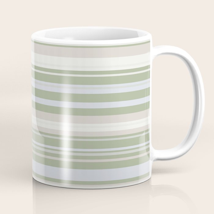 Sage Stripes - Striped Pattern in Sage Green, Almond Beige, Pale Gray, and Cream Coffee Mug Gallery Image 1