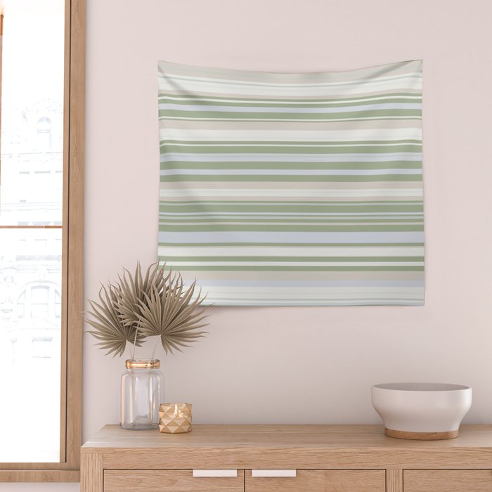 Sage Stripes - Striped Pattern in Sage Green, Almond Beige, Pale Gray, and Cream Wall Tapestry Gallery Image 2