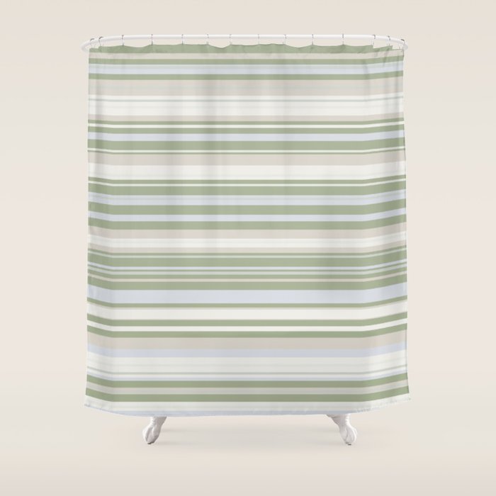 Sage Stripes - Striped Pattern in Sage Green, Almond Beige, Pale Gray, and Cream Shower Curtain Gallery Image 1