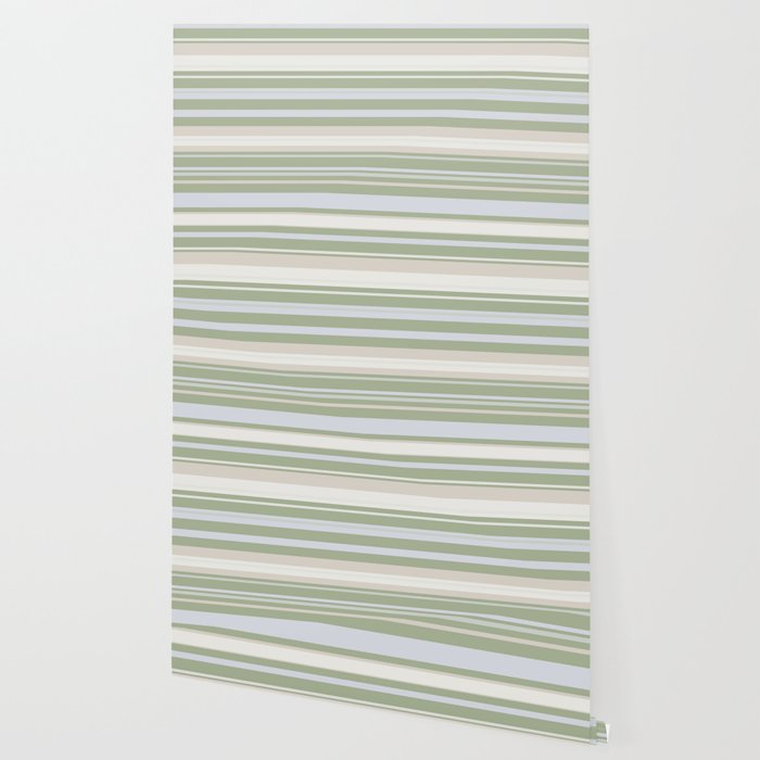 Sage Stripes - Striped Pattern in Sage Green, Almond Beige, Pale Gray, and Cream Wallpaper Gallery Image 2