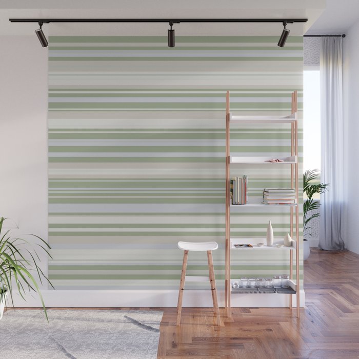 Sage Stripes - Striped Pattern in Sage Green, Almond Beige, Pale Gray, and Cream Wall Mural Gallery Image 1