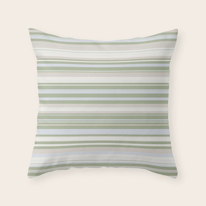 Sage Stripes - Striped Pattern in Sage Green, Almond Beige, Pale Gray, and Cream Throw Pillow Gallery Image 1