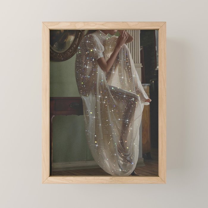 After Birthday Mood | girl | alone | sad | thinking | thoughts | morning | vintage | dress | glitter Mini Art Print Gallery Image 1