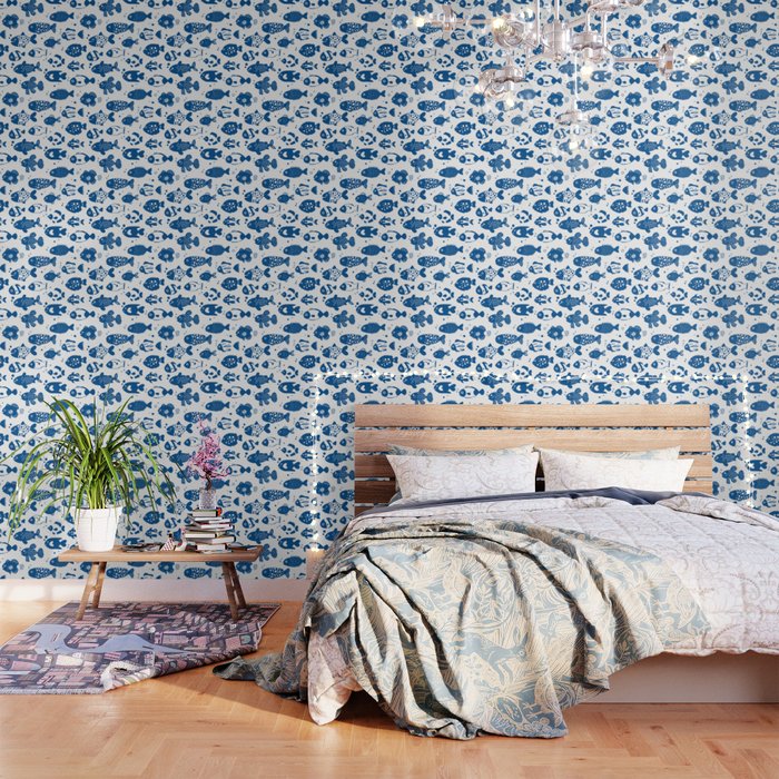 Blue Fish Pattern Minimal Coastal Ocean Wallpaper Gallery Image 3