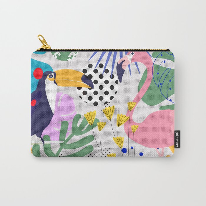 Tropical Spring | Pastel Quirky Modern Bohemian Jungle Botanical | Flamingo Palm Cockatoo Birds Carry All Pouch Gallery Image 1