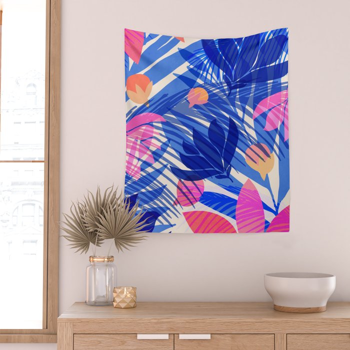 Breezy Tropics Blue Floral Design Wall Tapestry Gallery Image 2