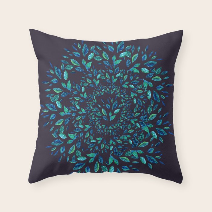 Blue Leaves Mandala Throw Pillow Gallery Image 1