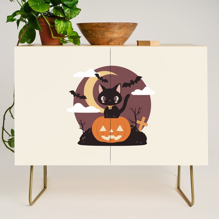 Spooky Cat on a Pumpkin Credenza Gallery Image 1