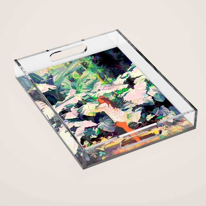 Live Quietly In a Corner Of Nature, Modern Bohemian Woman Jungle Forest Eclectic Painting Acrylic Tray Gallery Image 1