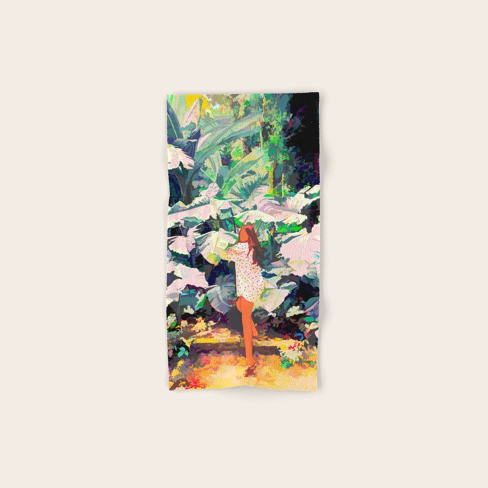 Live Quietly In a Corner Of Nature, Modern Bohemian Woman Jungle Forest Eclectic Painting Bath Towel Gallery Image 1