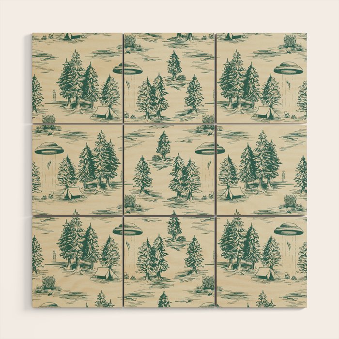 Teal Alien Abduction Toile De Jouy Pattern Wood Wall Art Gallery Image 1
