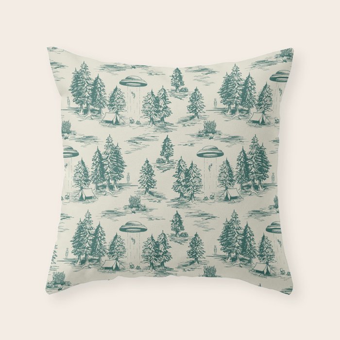 Teal Alien Abduction Toile De Jouy Pattern Throw Pillow Gallery Image 1