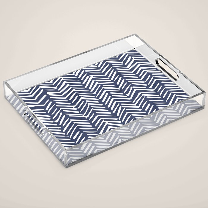 Boho Herringbone Pattern, Navy Blue and White Acrylic Tray Gallery Image 1