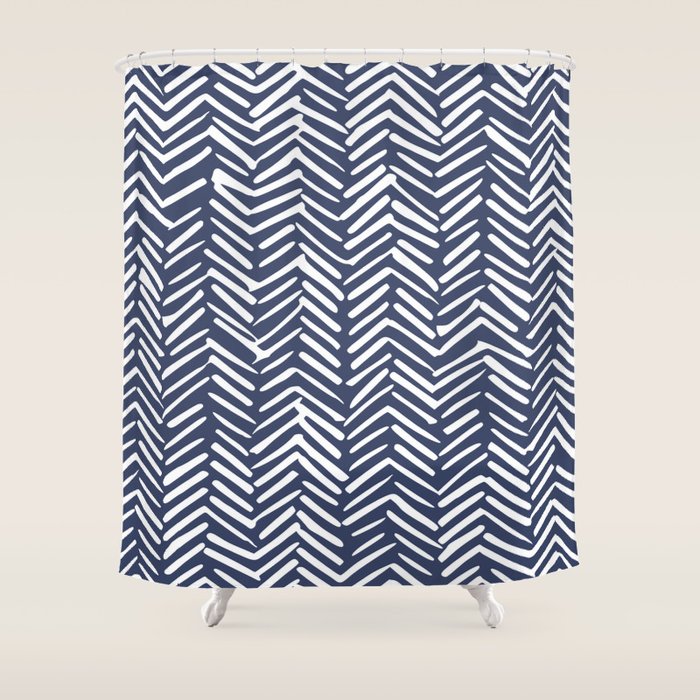 Boho Herringbone Pattern, Navy Blue and White Shower Curtain Gallery Image 1