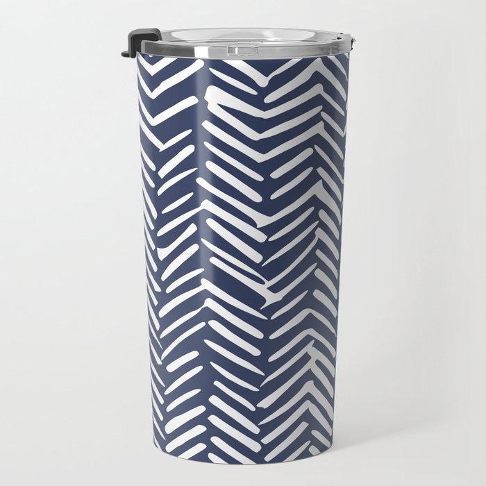 Boho Herringbone Pattern, Navy Blue and White Travel Mug Gallery Image 3
