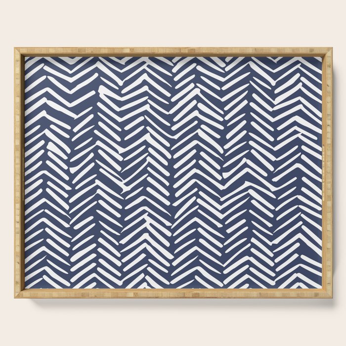 Boho Herringbone Pattern, Navy Blue and White Serving Tray Gallery Image 1