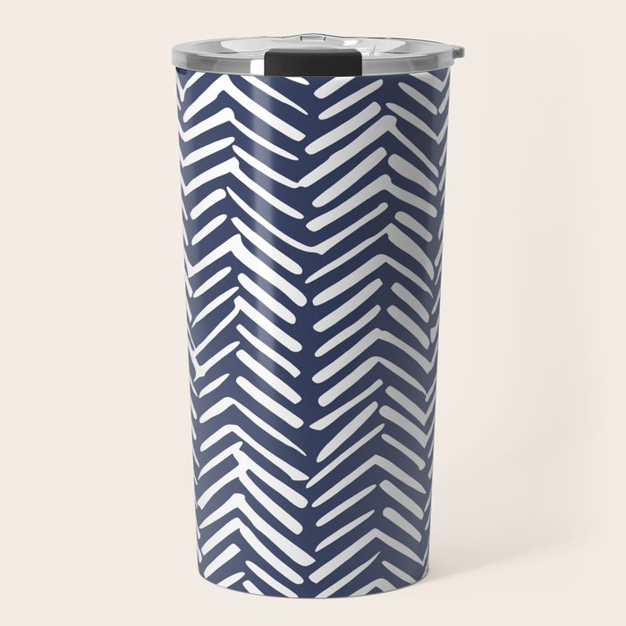 Boho Herringbone Pattern, Navy Blue and White Travel Mug Gallery Image 1