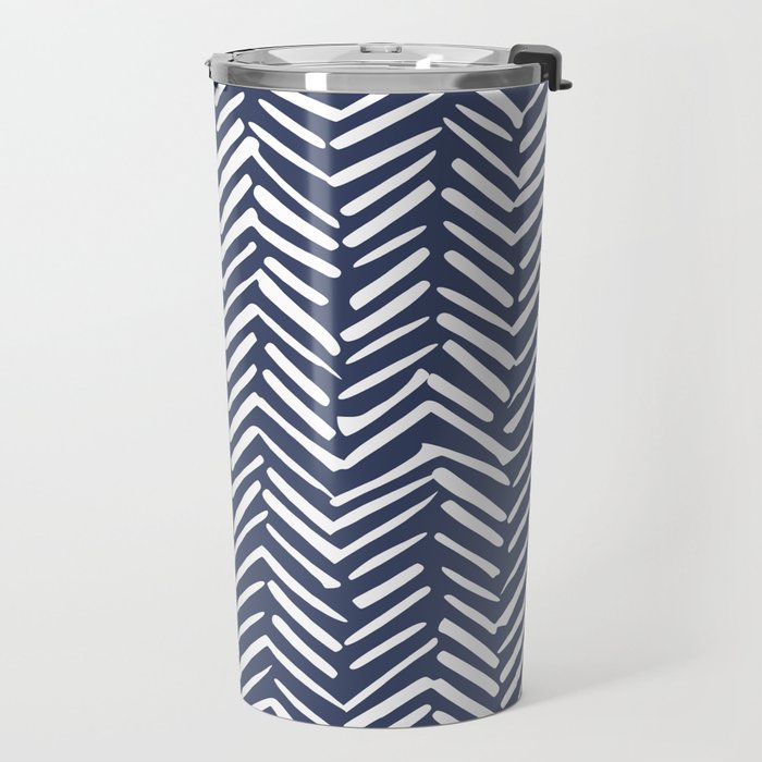 Boho Herringbone Pattern, Navy Blue and White Travel Mug Gallery Image 2