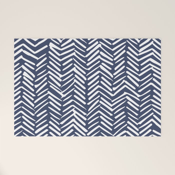 Boho Herringbone Pattern, Navy Blue and White Welcome Mat Gallery Image 1