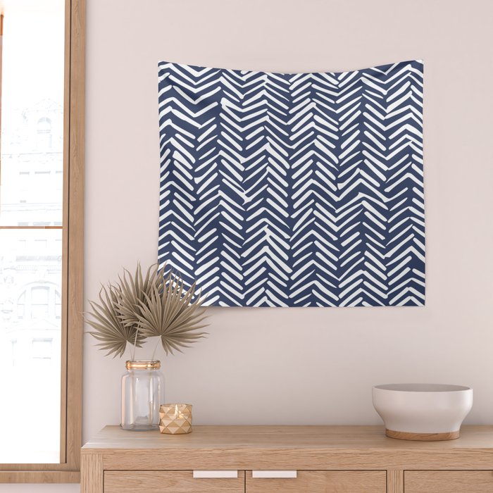 Boho Herringbone Pattern, Navy Blue and White Wall Tapestry Gallery Image 2