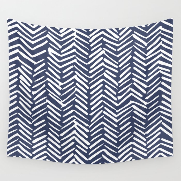 Boho Herringbone Pattern, Navy Blue and White Wall Tapestry Gallery Image 1