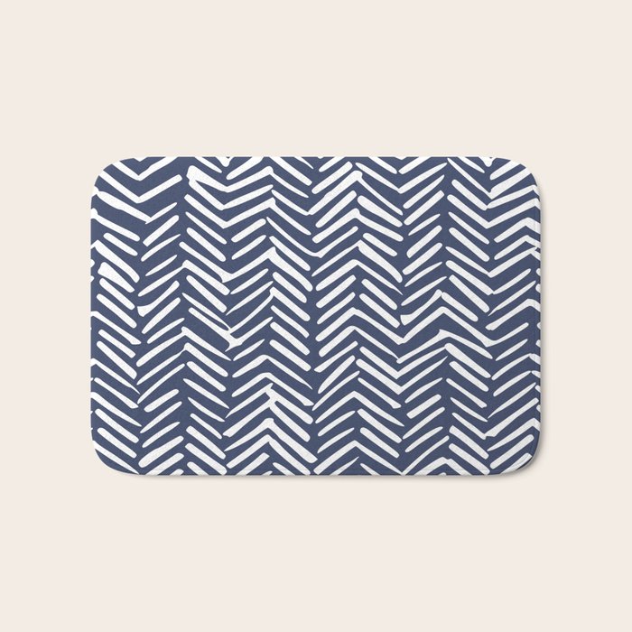 Boho Herringbone Pattern, Navy Blue and White Bath Mat Gallery Image 1