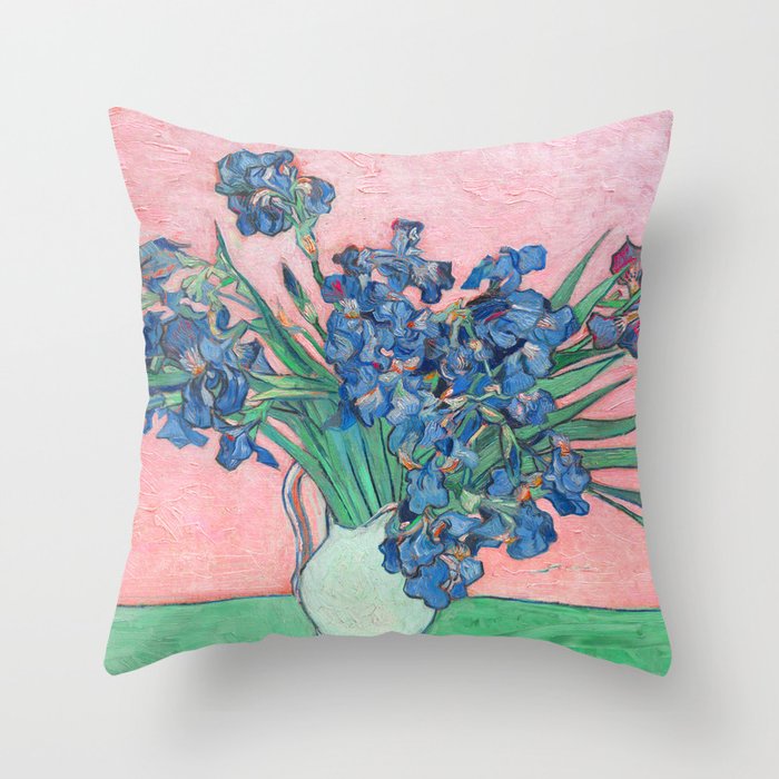 Van Gogh Irises Still Life With Pink Background Throw Pillow Gallery Image 1