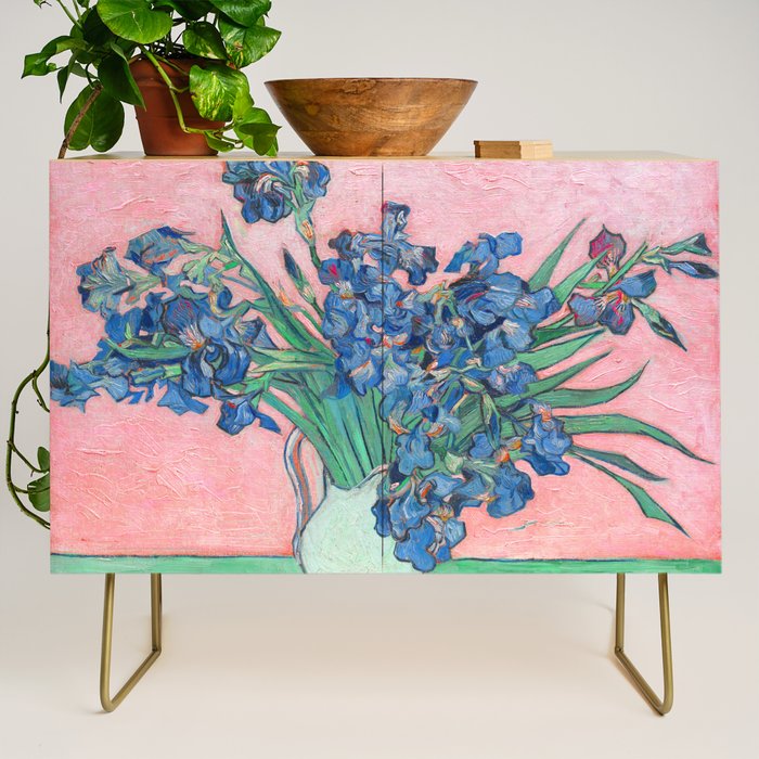 Van Gogh Irises Still Life With Pink Background Credenza Gallery Image 1