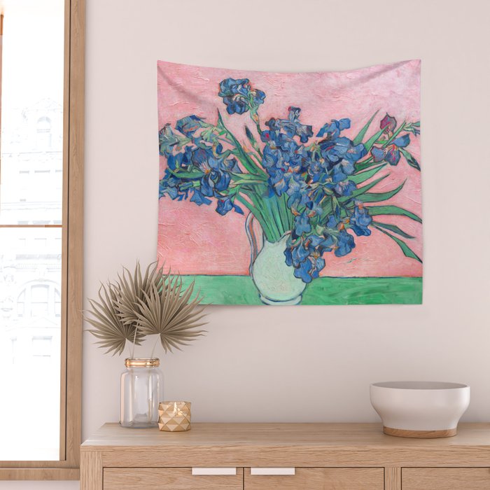 Van Gogh Irises Still Life With Pink Background Wall Tapestry Gallery Image 2