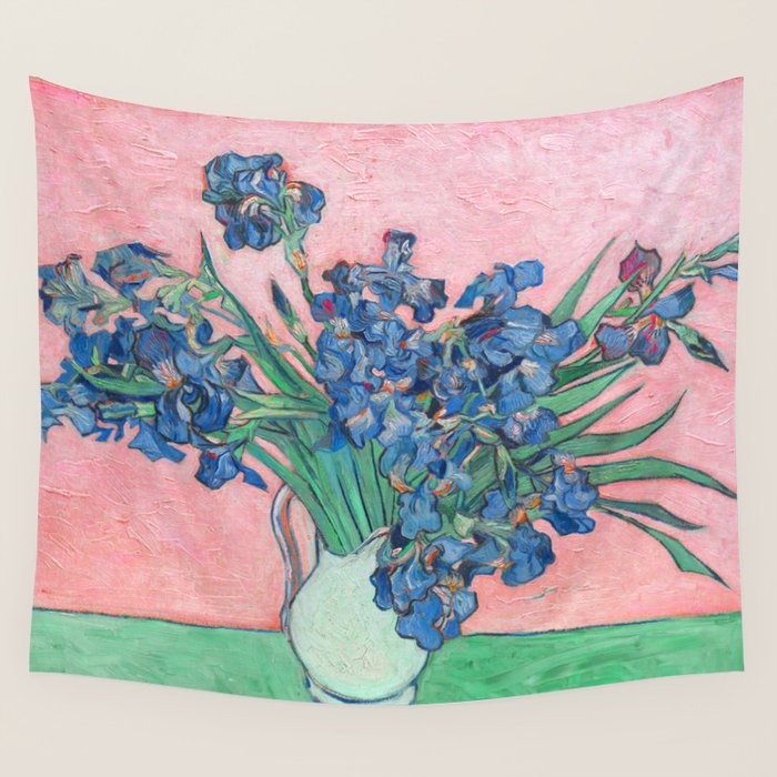 Van Gogh Irises Still Life With Pink Background Wall Tapestry Gallery Image 1