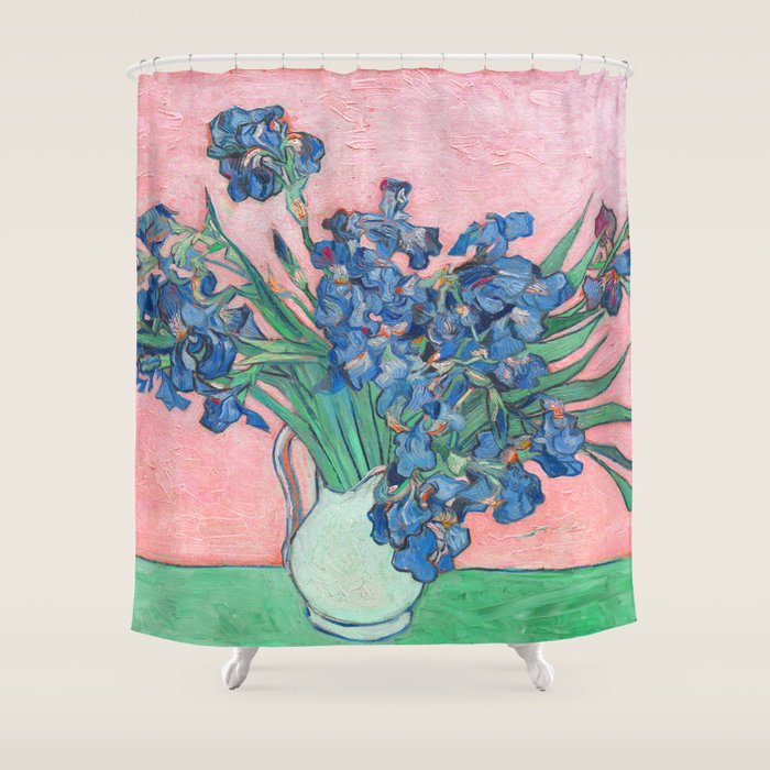 Van Gogh Irises Still Life With Pink Background Shower Curtain Gallery Image 1