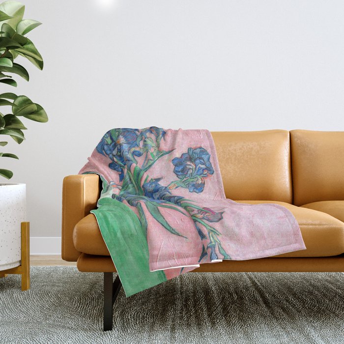 Van Gogh Irises Still Life With Pink Background Throw Blanket Gallery Image 1