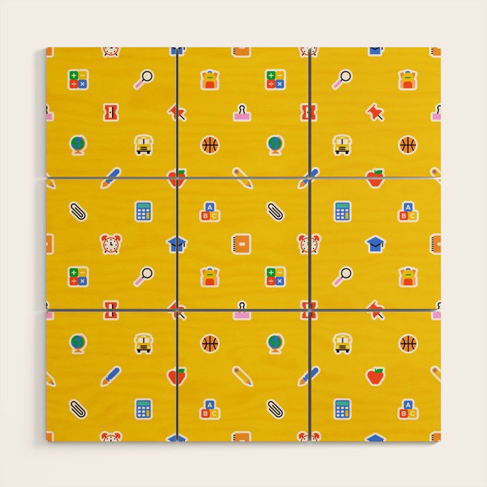 Colorful back to school sticker icon pattern Wood Wall Art Gallery Image 1