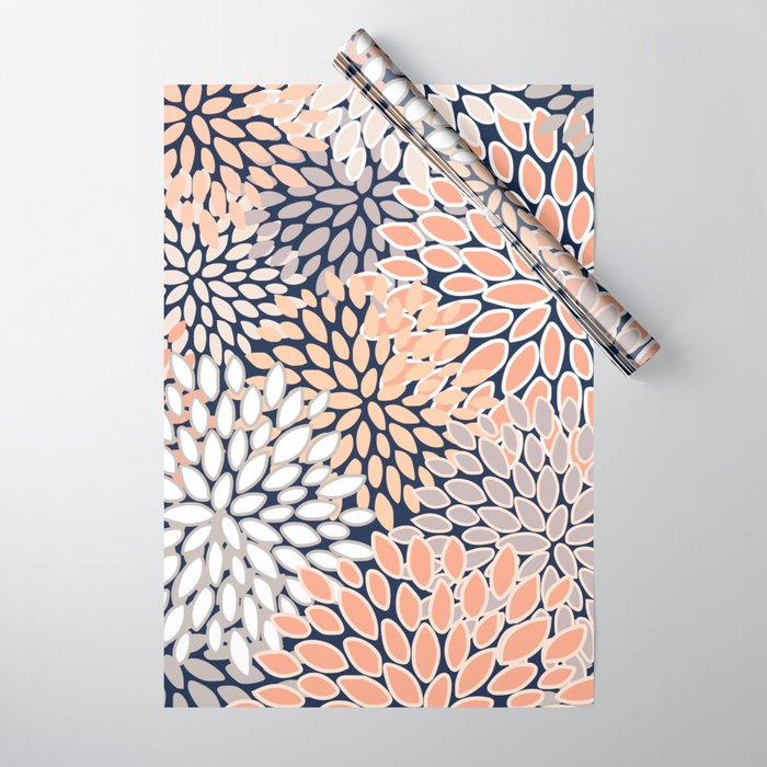 Floral Prints, Navy, Coral, Peach and Gray, Abstract Art, Coloured Prints Wrapping Paper Gallery Image 1