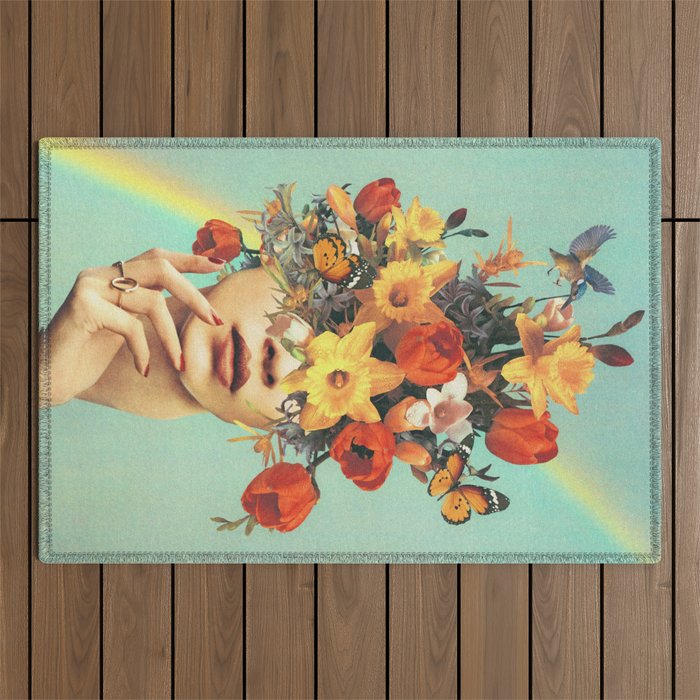 Baby's in bloom - Rainbow, flowers, birds,  butterflies Outdoor Rug Gallery Image 1