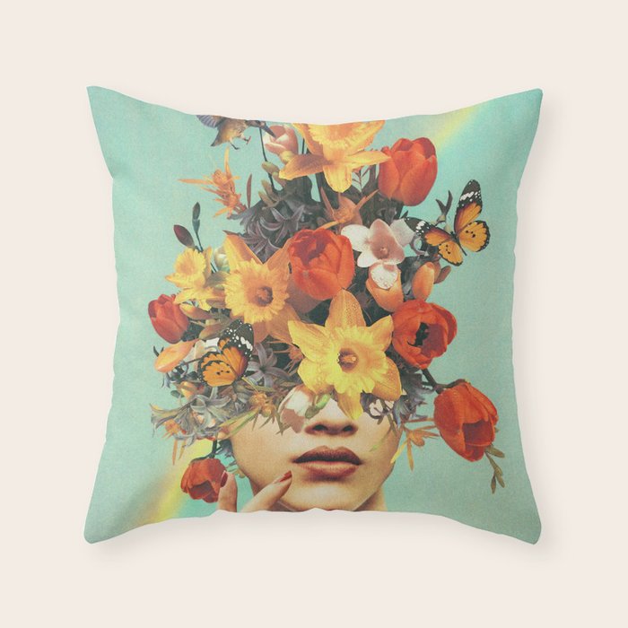 Baby's in bloom - Rainbow, flowers, birds,  butterflies Throw Pillow Gallery Image 1