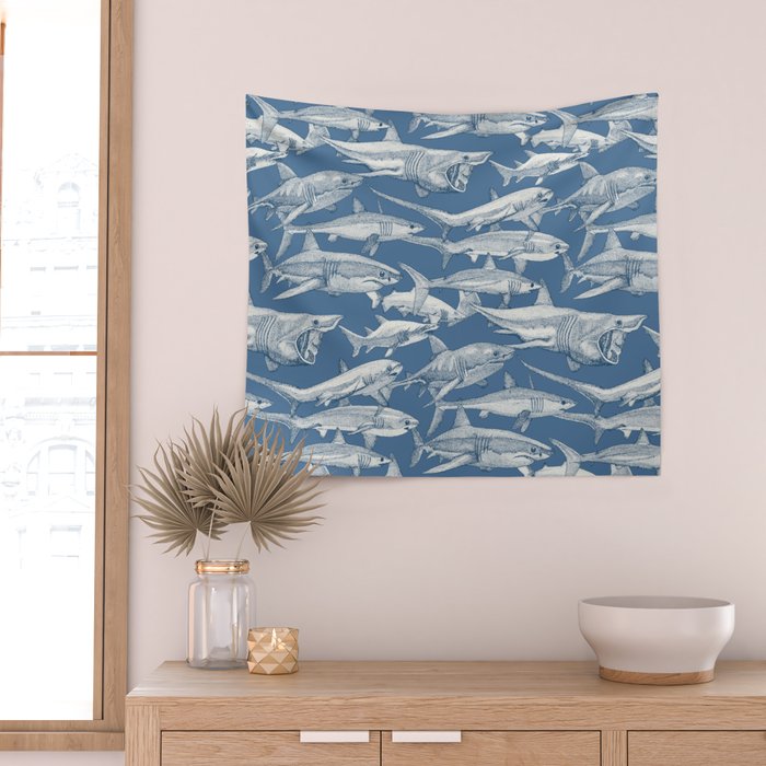 just sharks cobalt denim Wall Tapestry Gallery Image 2