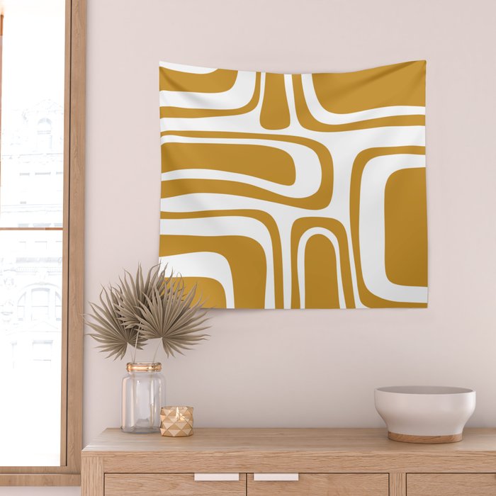 Palm Springs Midcentury Modern Abstract Pattern in Mustard Gold and White Wall Tapestry Gallery Image 2