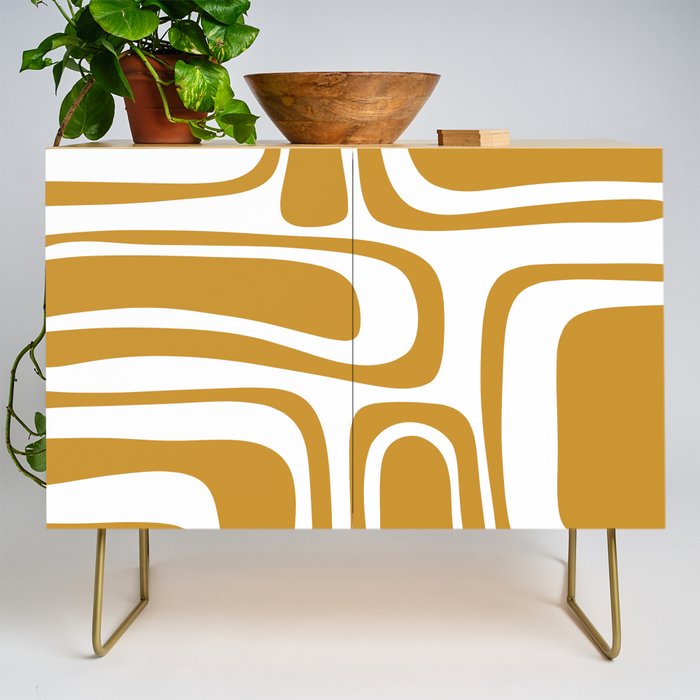 Palm Springs Midcentury Modern Abstract Pattern in Mustard Gold and White Credenza Gallery Image 1