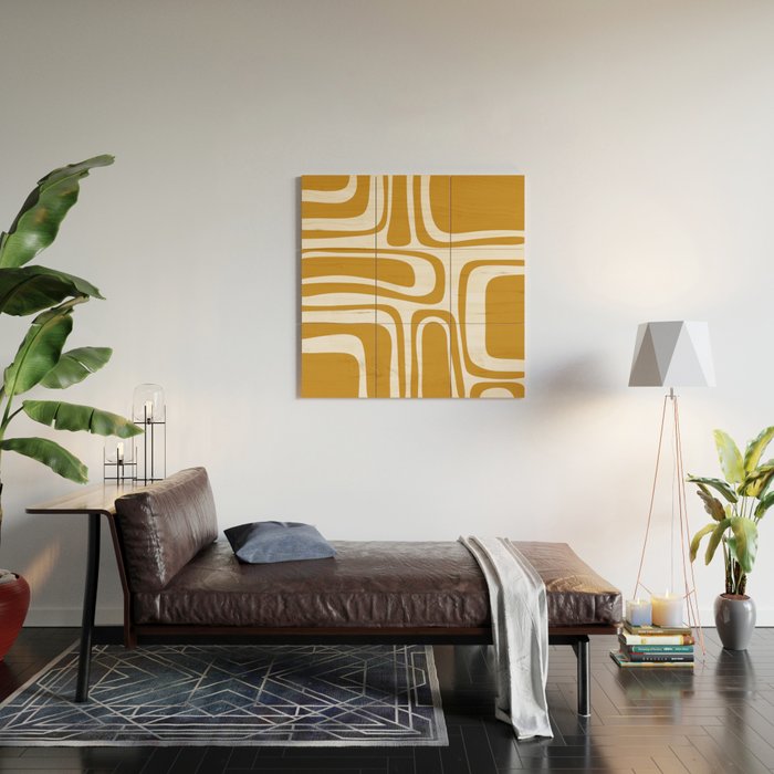 Palm Springs Midcentury Modern Abstract Pattern in Mustard Gold and White Wood Wall Art Gallery Image 2