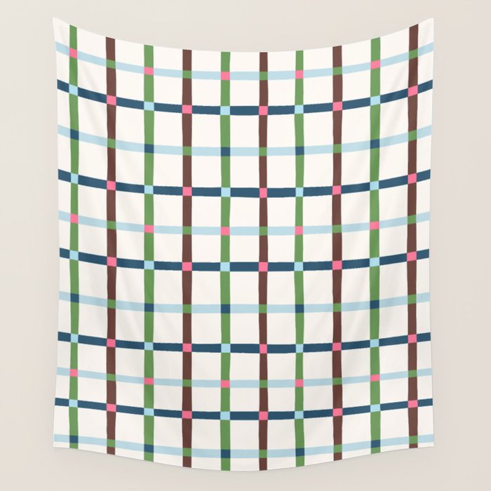 Windowpane Plaid Blue Green on Cream Wall Tapestry Gallery Image 1