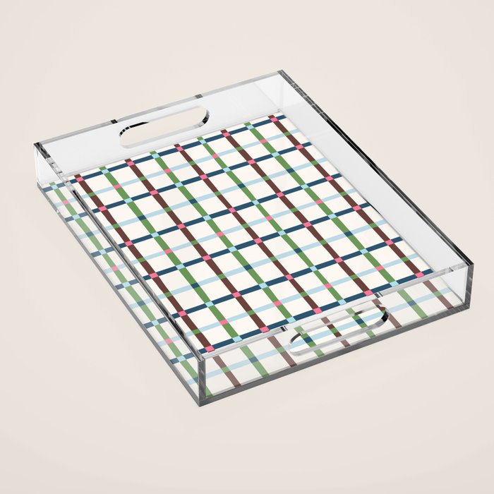 Windowpane Plaid Blue Green on Cream Acrylic Tray Gallery Image 1