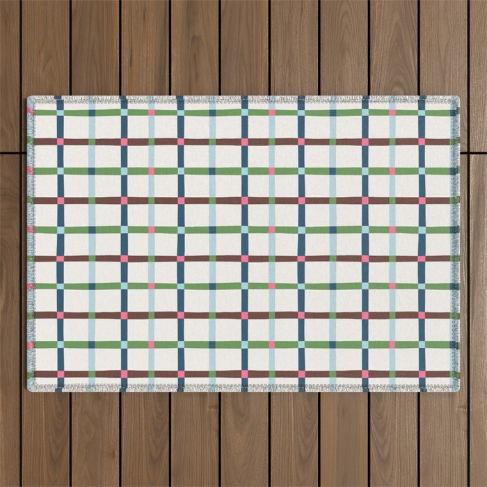 Windowpane Plaid Blue Green on Cream Outdoor Rug Gallery Image 1