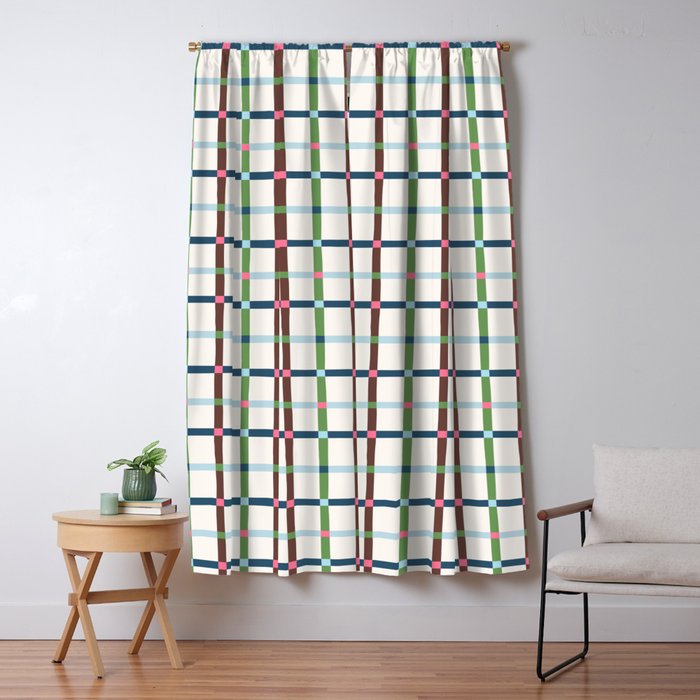 Windowpane Plaid Blue Green on Cream Window Curtain Gallery Image 1