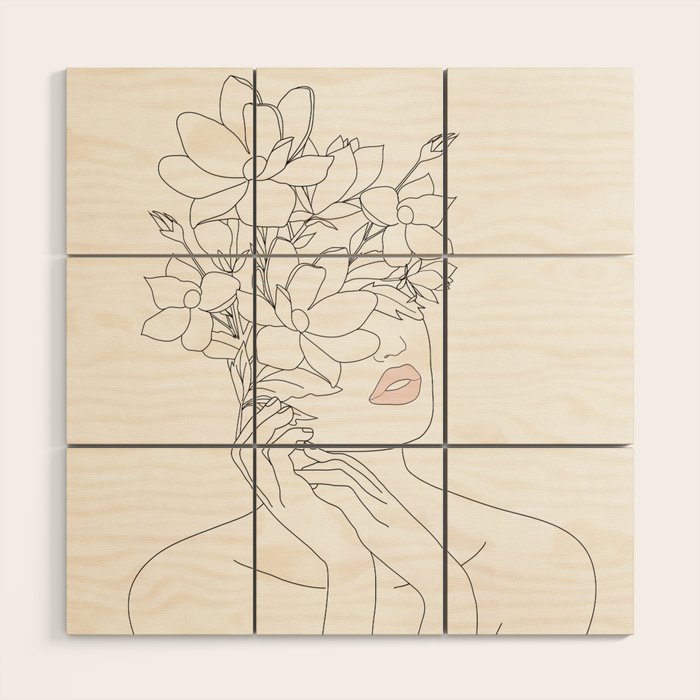Minimal Line Art Woman with Magnolia Wood Wall Art Gallery Image 1
