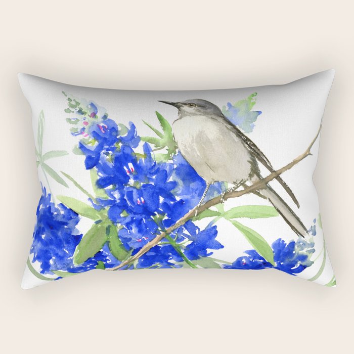 Texas State Bird and Flower, Mockingbird and Bluebonnet Rectangular Pillow Gallery Image 2